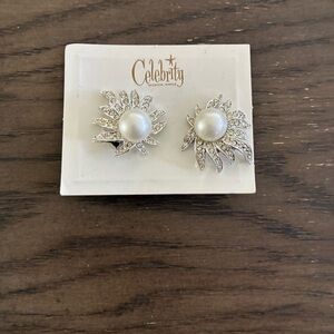 Celebrity  clip on Silver and White Pearl Earrings